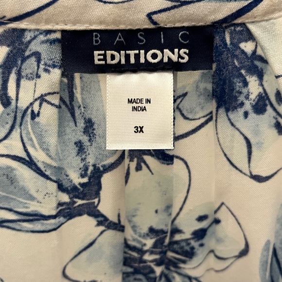 3X blue and white button down blouse with 3/4 sleeves - Picture 3 of 4